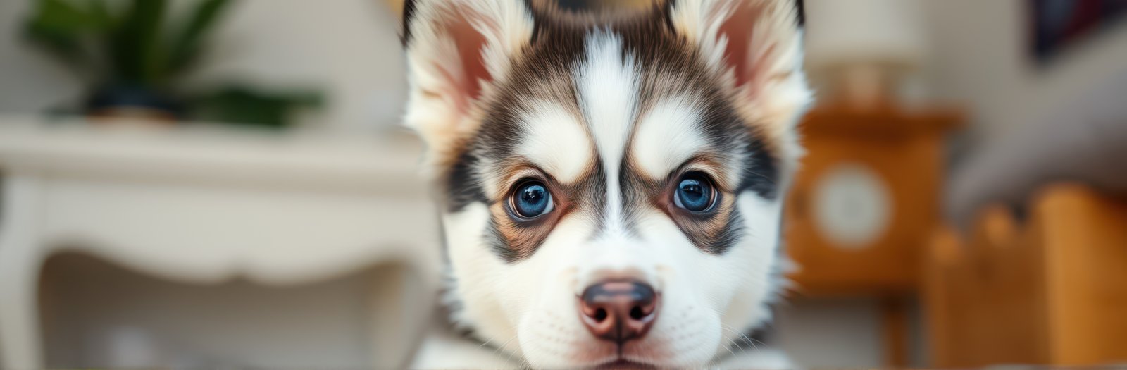 Cute husky puppy with striking blue eyes gazes curiously at the camera in a cozy home environment